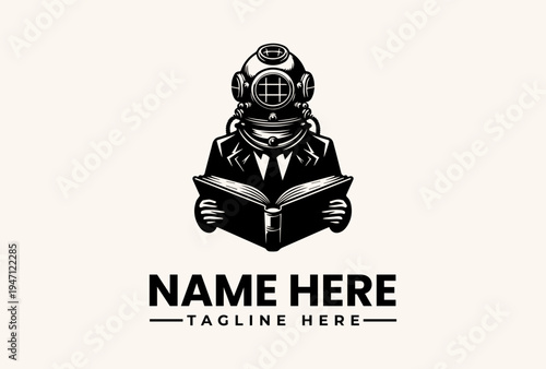 A black and white illustration of a scuba diver reading an open book with a vintage diving helmet, against a clean background, conveying a sense of adventure and learning.