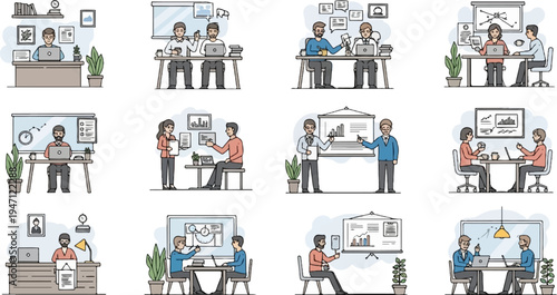 Diverse office scenes showing collaboration, presentations, and individual work (7)