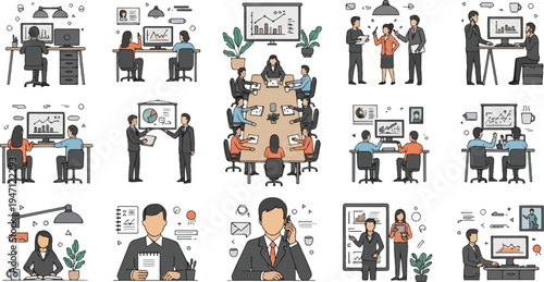 Diverse office scenes individuals working, meetings, and presentations (3)