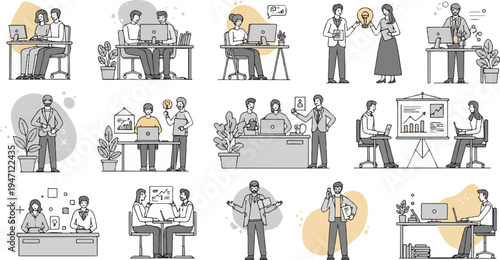 Diverse office workers collaborate, brainstorm, and present ideas at desks and meeting areas