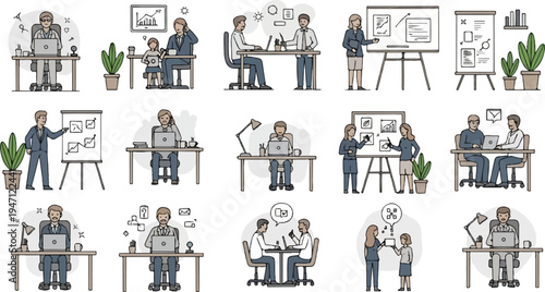 Business people collaborate and present data in various office settings