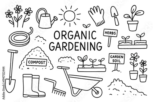 Organic Gardening Icons. Organic Gardening. Hand-drawn doodle illustration Organic Gardening compost pile, shovel, watering can, gloves, trowel, seedlings,