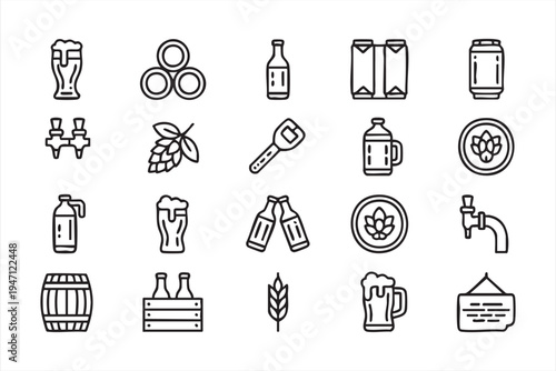 Beer Brewing and Brewery Equipment Line Icons for Bar Menu and Beverage Industry