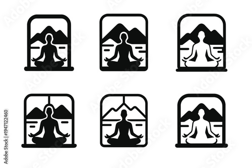 Yoga Logo Variations. A person performing yoga poses in front of a window with a beautiful view. Icon set. Set Logo of yoga scene: seated lotus pose facing