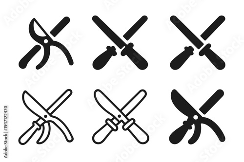 Gardening Tool Logos. Sharpening gardening tools. Icon set. Set Logo of sharpening gardening tools: sharpening steel rod. harmonious logo variations of the