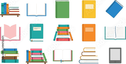 Book Icon Set Vector Illustration with Open Books Stacks Notebooks Library Shelf and Digital Tablet Symbols for Education Learning and Reading Design