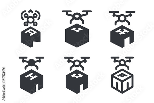 Urban Innovation Logos. Innovative solutions for urban living. Icon set. Set Logo of innovative solutions for urban living: drone delivery landing pad on