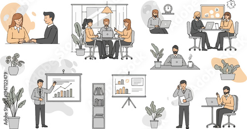 Business professionals collaborating and working in modern office settings