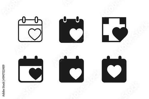 Flexible Work Icons. Flexible work schedules for parents. Icon set. Set Logo of Flexible work schedules for parents: calendar with heart. harmonious logo