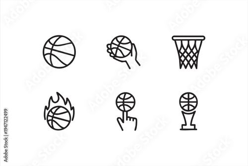 Basketball Sport Line Icon Set with Ball Hoop Net and Championship Trophy