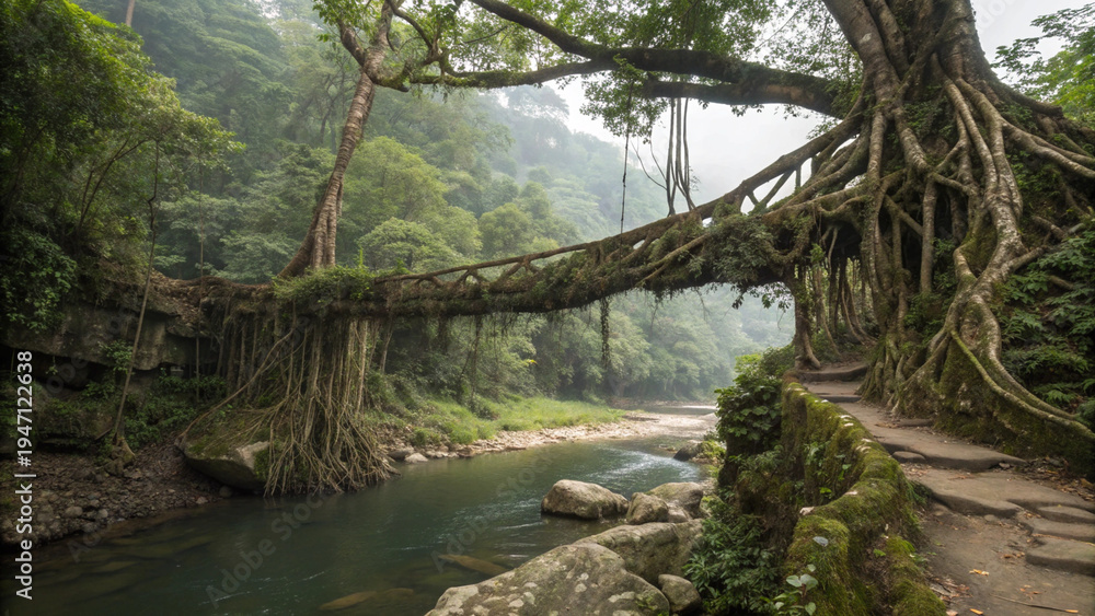 Fototapeta premium Living root bridge natural wonder in Meghalaya India, complex interconnected aerial roots forming natural pathway over river, lush green jungle