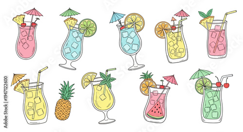 Vibrant Summer Cocktails and Tropical Drinks Set with Pineapple Garnishes on Isolated White Background