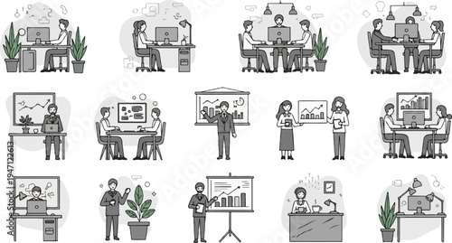 Diverse business professionals collaborate and present data in office settings