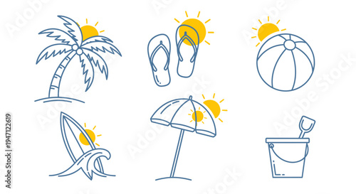 Set of summer beach vacation icons, isolated white background.