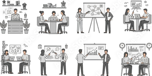 Diverse business scenarios depicted with simplified figures, focusing on collaboration, presentations, and desk work