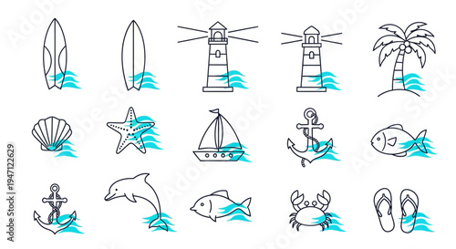 Minimalist Nautical and Beach Themed Item Collection with Blue Accents, including Lighthouse and Dolphin