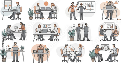 Diverse professionals collaborate and work at desks with computers and charts