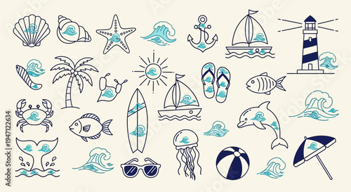 Colorful Nautical and Beach Themed Item Collection with Seashells, Lighthouse, and Dolphin Illustration