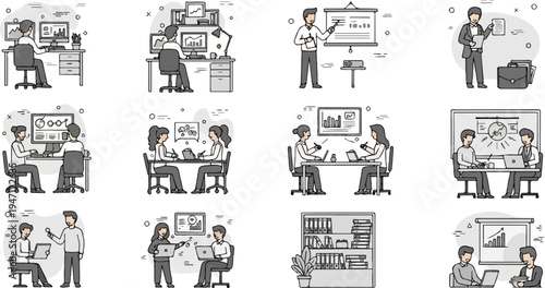 Diverse business scenarios individuals working, collaborating, presenting, and organizing