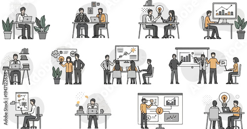 Diverse business scenarios with people working and presenting