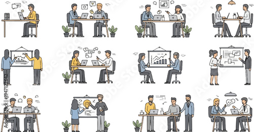 Diverse professionals collaborate and present ideas in modern office settings