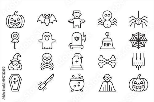Minimal Halloween Icon Collection with Tombstone Bat Witch and Candy