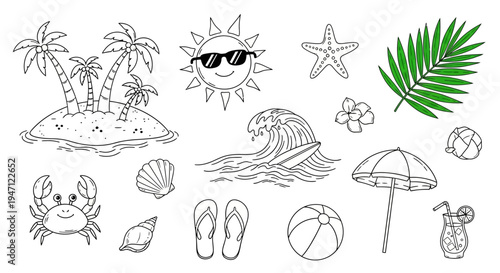 Outline Collection of Summer Beach and Tropical Holiday Items including Sun, Palm Leaf, and Waves