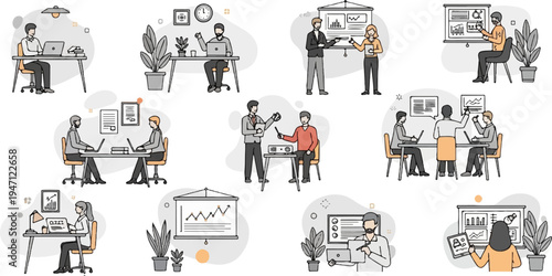 Diverse group collaborating on projects, presenting data, and working independently