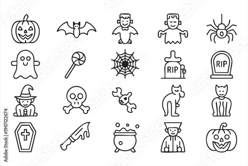 Halloween Party Outline Icons Featuring Ghost Pumpkin Spider and Cauldron