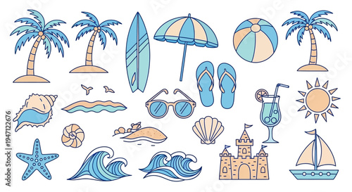Vibrant Collection of Summer Beach and Tropical Holiday Items with Palm Trees, Surfboard, and Sandcastle