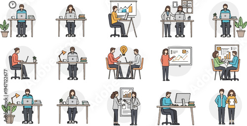 Diverse individuals collaborate and work at desks with laptops, screens, and plants
