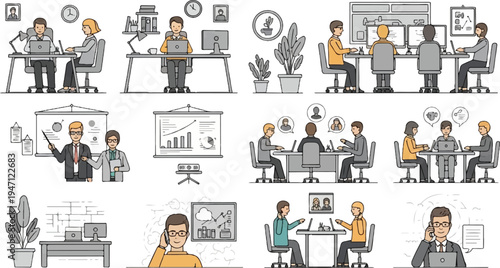 Diverse workplace scenes with people collaborating and working individually