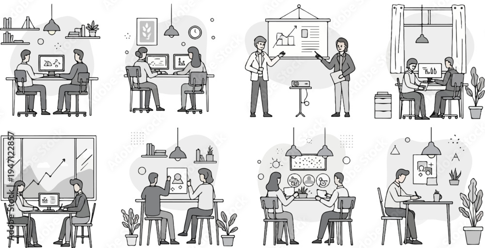 Obraz premium Diverse office scenes illustrating teamwork, presentations, and individual work
