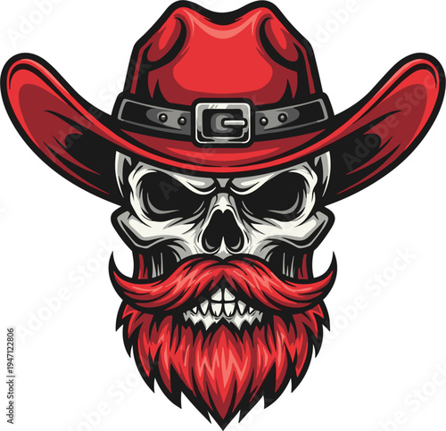 Wild west skull cowboy illustration with red hat and beard, vintage outlaw character mascot, western skeleton head graphic for logo, tattoo, t-shirt design