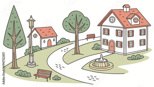 Cartoon Townscape with Houses, Park, and Fountain Illustration
