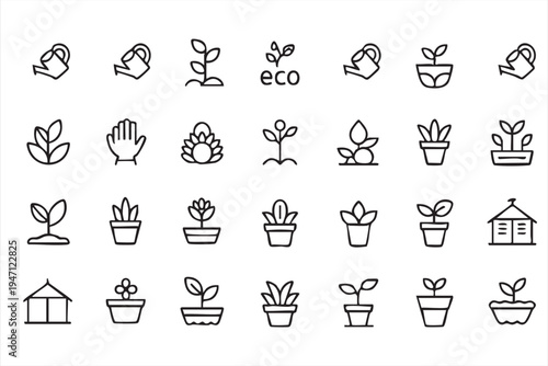 Gardening Plant Growth Line Icon Set with Seedlings Pots Watering Can and Greenhouse