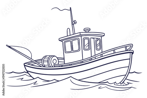 Fishing Boat Outline Drawing on Wavy Sea, Vector Illustration