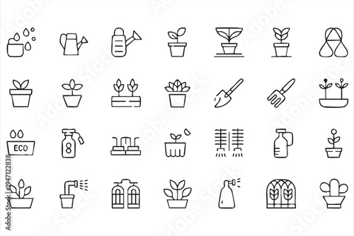 Eco Garden and Plant Care Outline Icons Featuring Potted Plants Sprouts and Watering