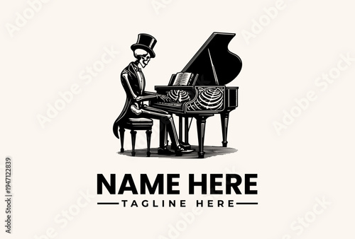 A monochromatic illustration of a suited man wearing a top hat playing a grand piano with a simple beige background and space for a logo and tagline.