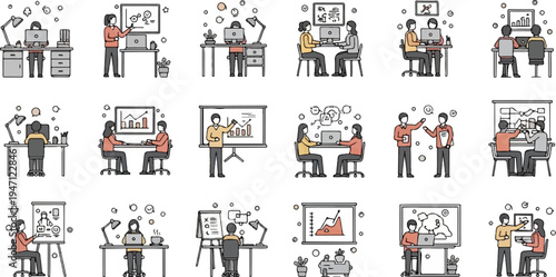 Diverse office scenes depicting teamwork, presentations, and individual work (16)