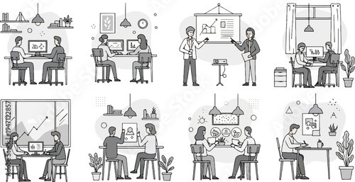 Diverse office scenes illustrating teamwork, presentations, and individual work