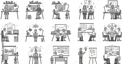 Office workers collaborating, presenting, and innovating in a modern workspace