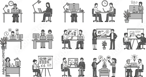 Diverse office scenes individual work, meetings, brainstorming, and presentations