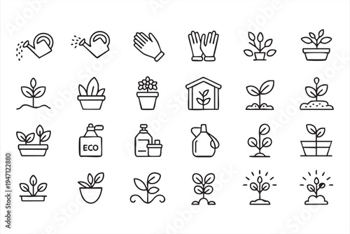 Organic Gardening Outline Icons with Potted Plants Flowers and Eco Growth Symbols