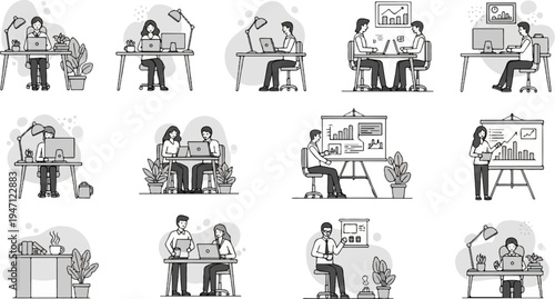 Diverse office scenes with people working on computers and presenting data
