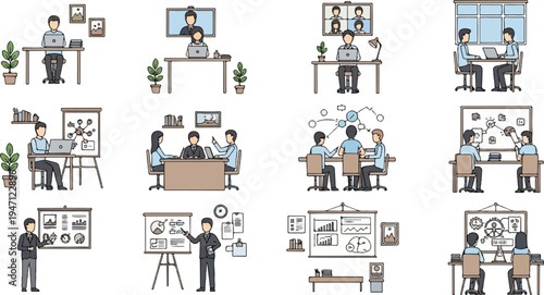 Diverse office scenes people working, meeting, and presenting ideas