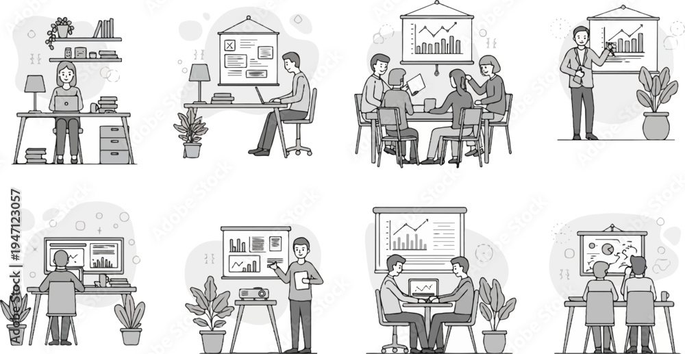 Obraz premium Diverse office scenes featuring teamwork, presentations, and individual work