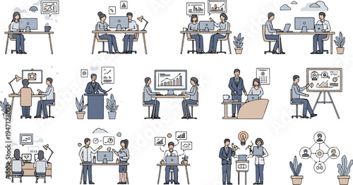 Diverse office scenes showing collaboration, analysis, and presentations