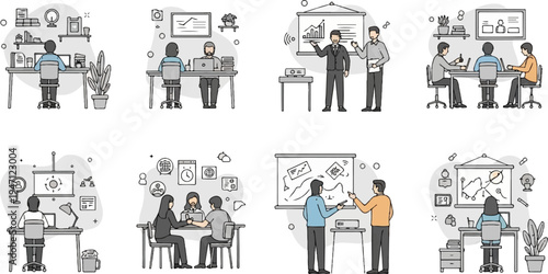 Diverse office settings showcase collaboration, presentations, and focused work