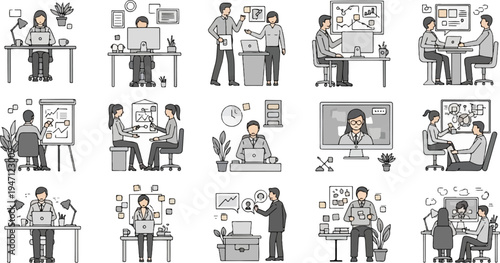 Diverse office scenes showcasing teamwork, meetings, and individual work